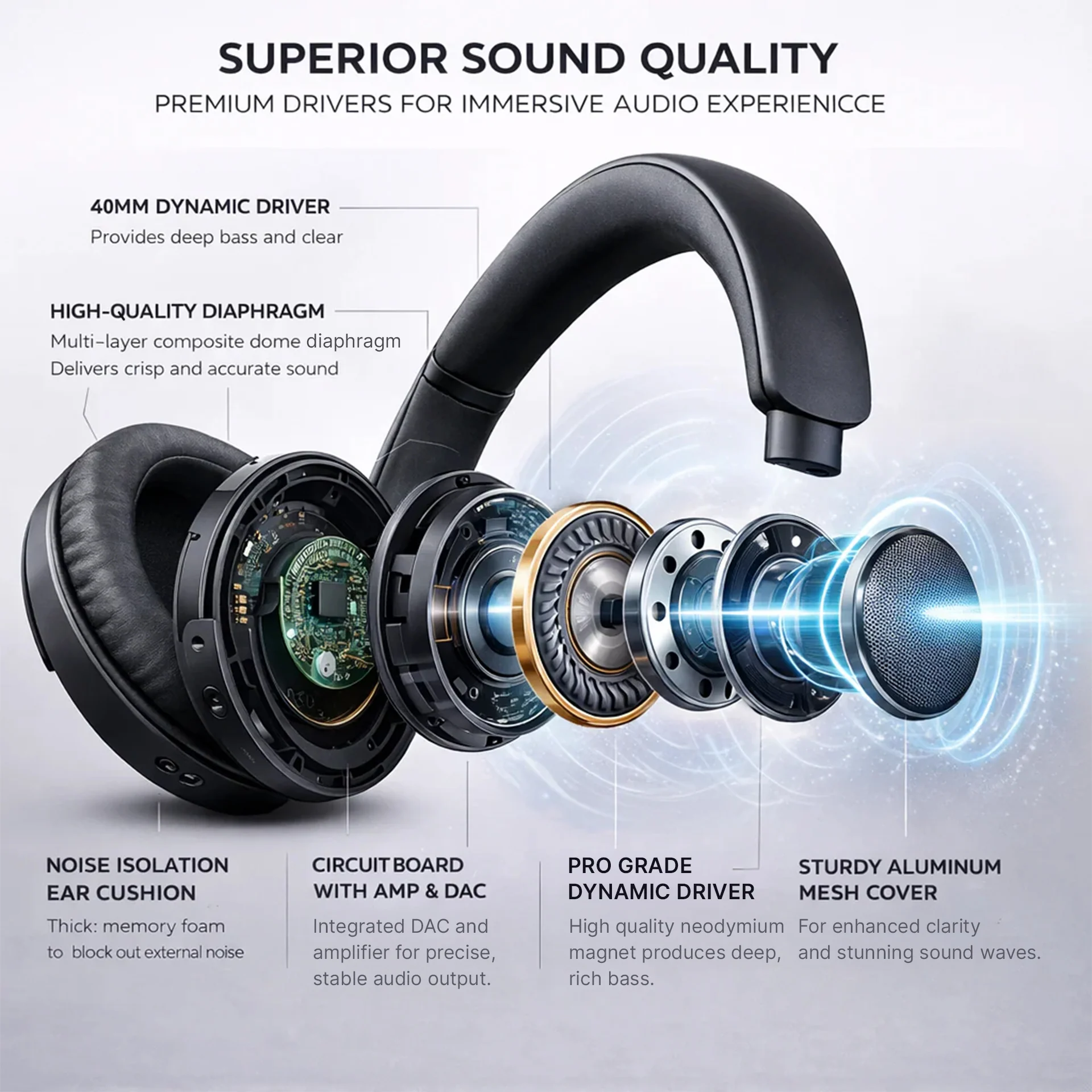 PROMAX Active Noise Cancelling Headphones with Alexa Voice Control | 40H Battery Life | Premium Sound Quality - Image 12