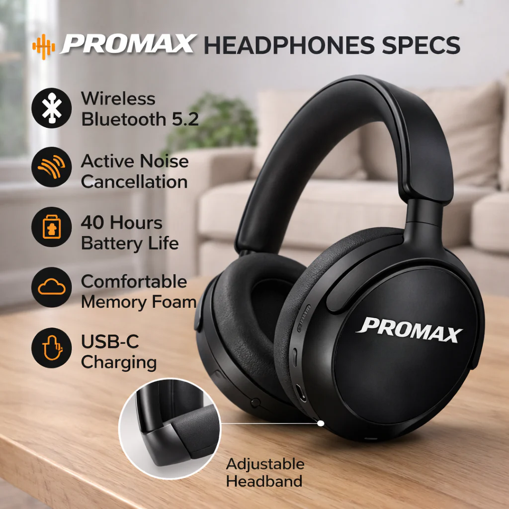 PROMAX ANC Headphones — Immersive Noise Cancellation, Alexa Voice Control, 40-Hour Battery & Complimentary ANC Earbuds - Image 11